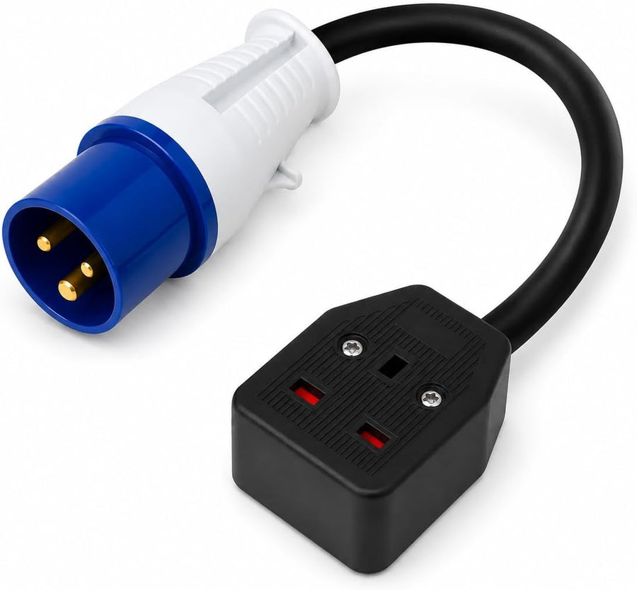 16A CEE to UK 13A Socket Adapter, 35cm Caravan Hook Up Lead, Industrial Mains Converter for Motorhome, Campervan, Camping, Trailer & Generator