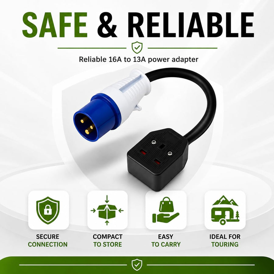 16A CEE to UK 13A Socket Adapter, 35cm Caravan Hook Up Lead, Industrial Mains Converter for Motorhome, Campervan, Camping, Trailer & Generator