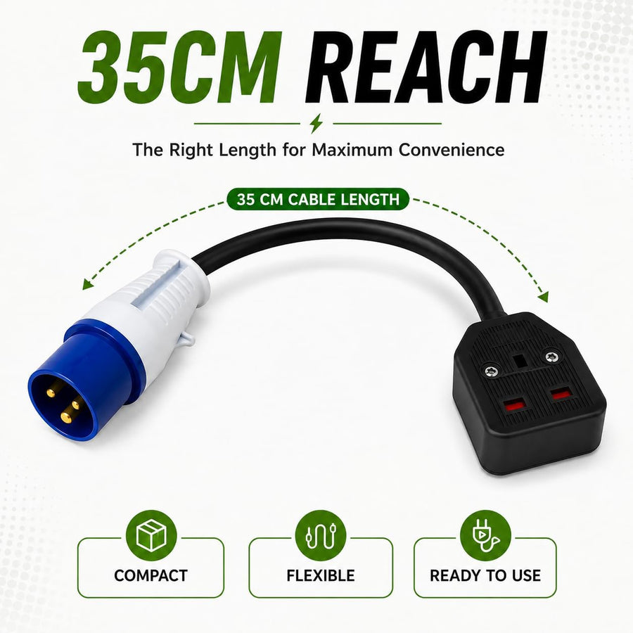 16A CEE to UK 13A Socket Adapter, 35cm Caravan Hook Up Lead, Industrial Mains Converter for Motorhome, Campervan, Camping, Trailer & Generator