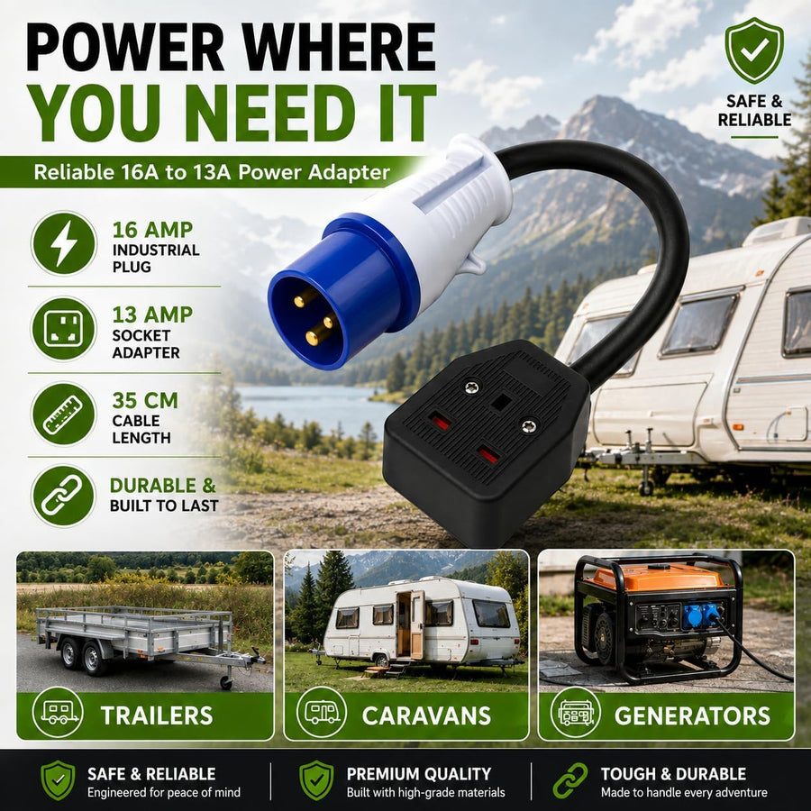16A CEE to UK 13A Socket Adapter, 35cm Caravan Hook Up Lead, Industrial Mains Converter for Motorhome, Campervan, Camping, Trailer & Generator