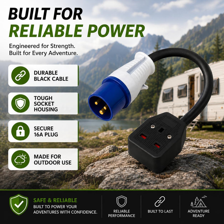 16A CEE to UK 13A Socket Adapter, 35cm Caravan Hook Up Lead, Industrial Mains Converter for Motorhome, Campervan, Camping, Trailer & Generator