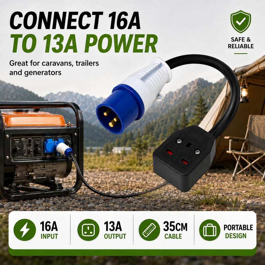 16A CEE to UK 13A Socket Adapter, 35cm Caravan Hook Up Lead, Industrial Mains Converter for Motorhome, Campervan, Camping, Trailer & Generator
