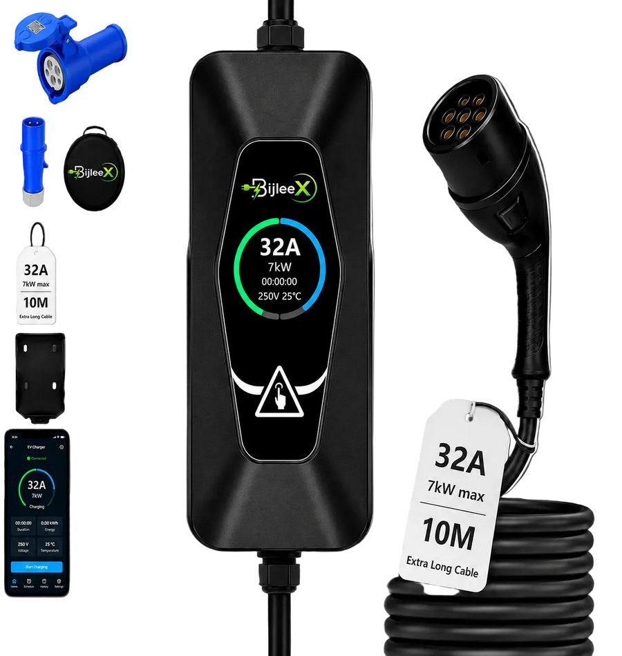 BijleeX Portable EV Charger Type 2 7kW 32A CEE Commando Plug, 5m Cable, Wall Mount, Adjustable Current, Bluetooth WiFi App