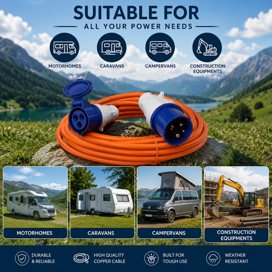 16A CEE Extension Lead for Caravan, Motorhome, Campervan & Camping – 240V Electric Hook Up Cable – Heavy Duty Orange Mains Extension Cable