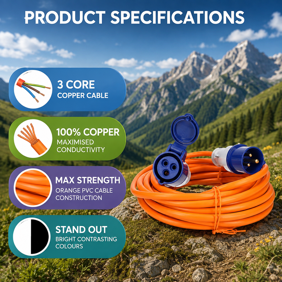 16A CEE Extension Lead for Caravan, Motorhome, Campervan & Camping – 240V Electric Hook Up Cable – Heavy Duty Orange Mains Extension Cable